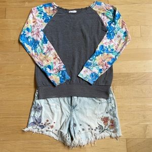 Gray Sweatshirt with Floral Sleeves - Size LARGE
